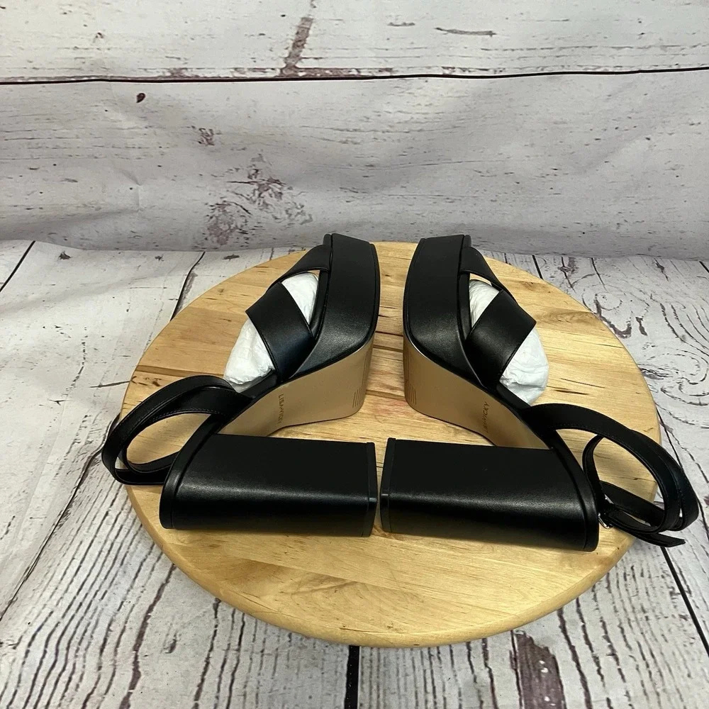 Lisa Vicky Shoes Jazz Black Leather‎ Womens Size 8M Block Heel Open Toe